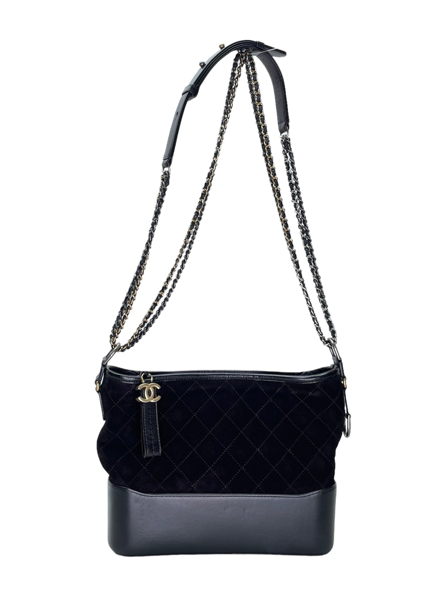 Gabrielle Medium Black Crossbody Bag in Suede Leather, Gold hardware