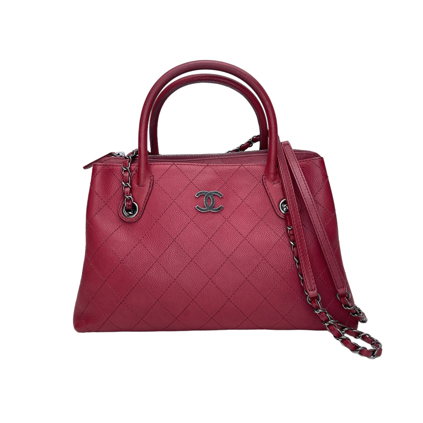 Shopping Red Tote Bag in Caviar Leather, Ruthenium hardware