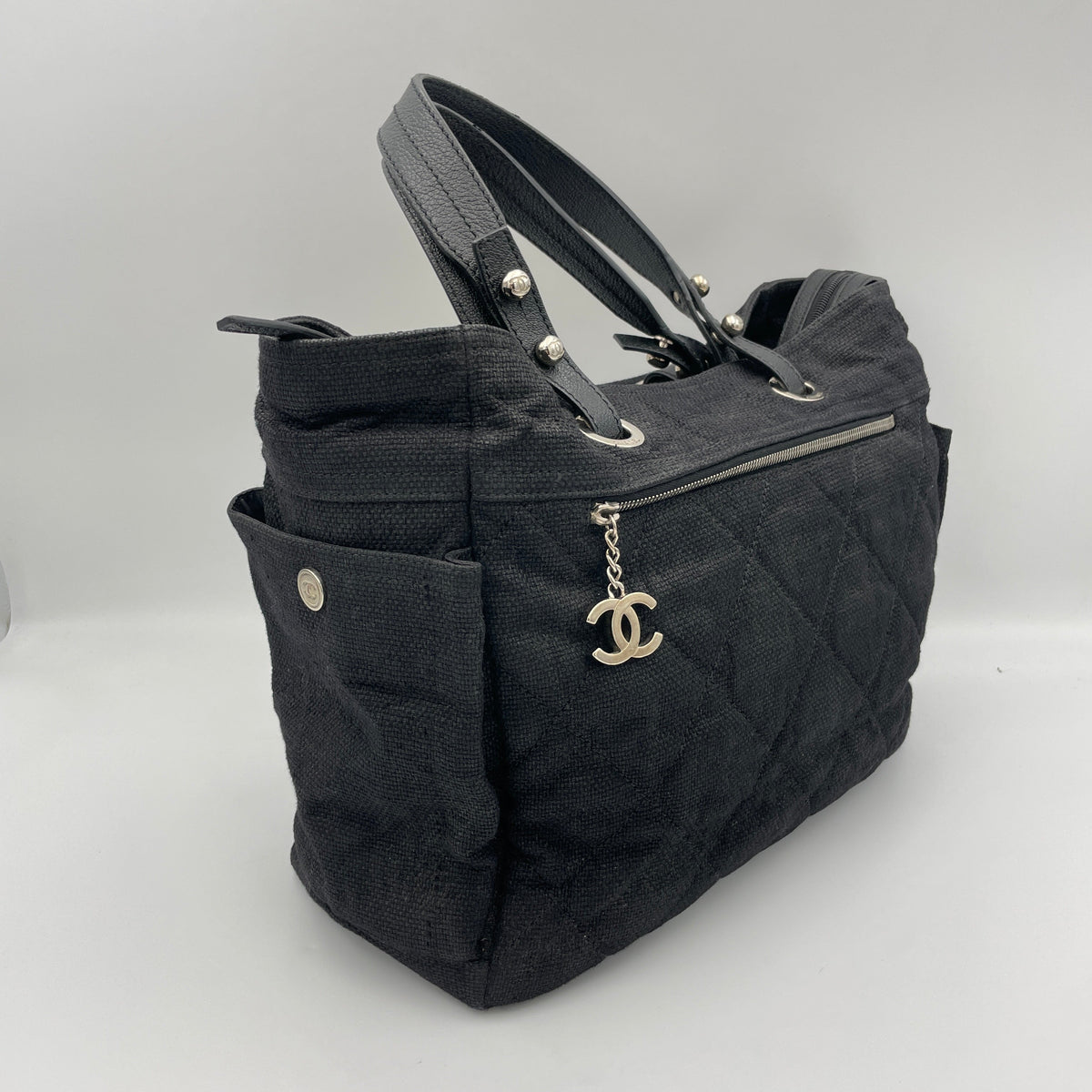 Paris Biarritz Black Top Handle Bag in Canvas, Silver hardware