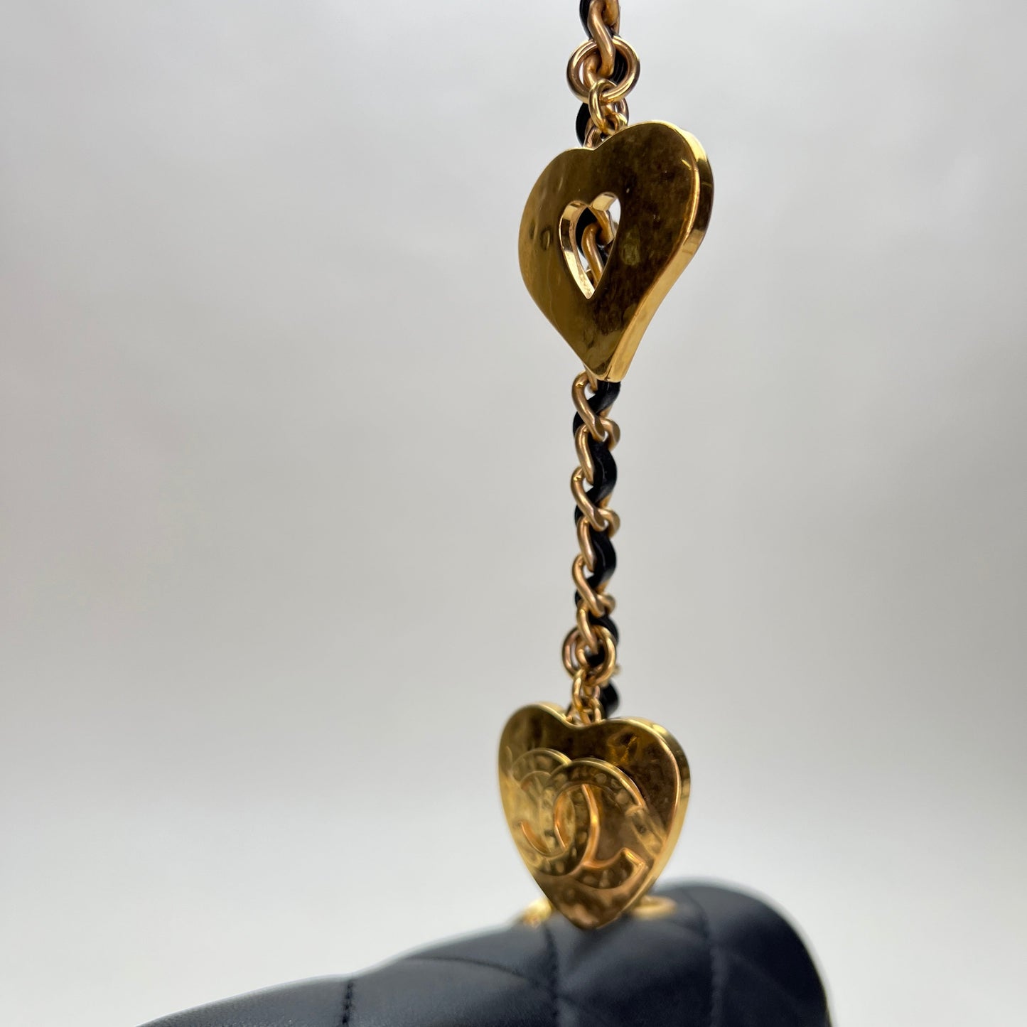 Flap Heart Chain Black Crossbody Bag in Lambskin, Brushed Gold hardware