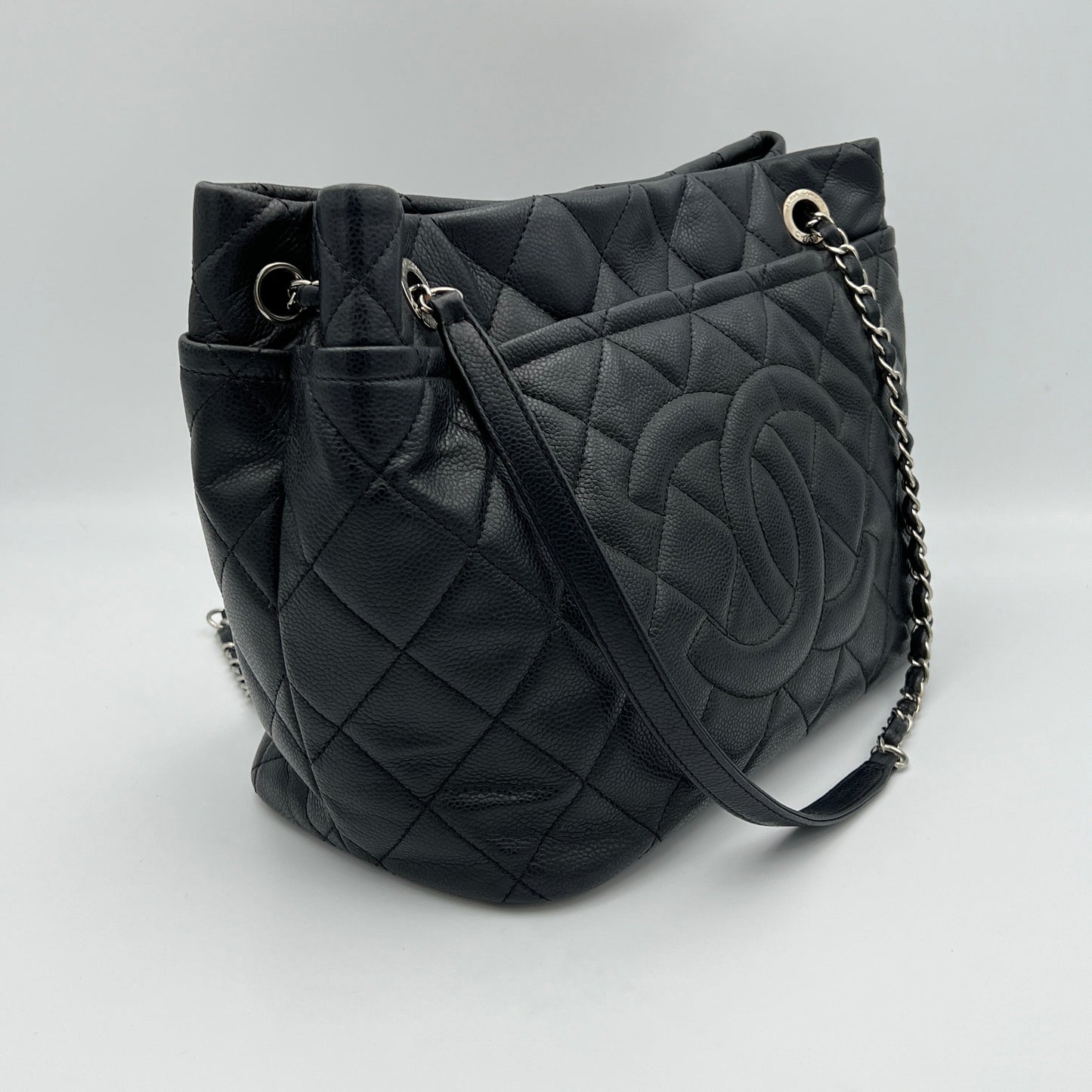 Matelasse Chain Black Tote Bag in Caviar Leather, Silver hardware