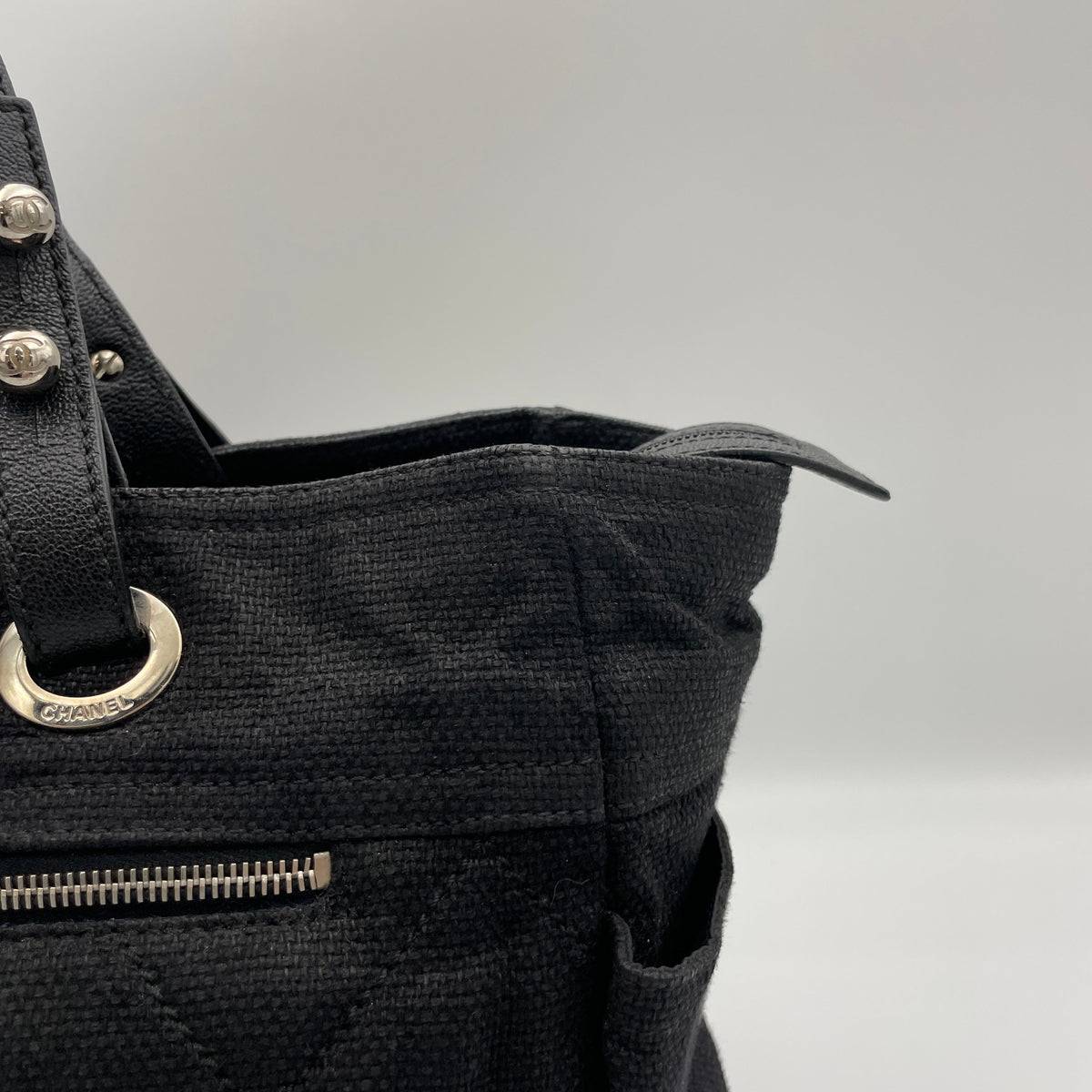 Paris Biarritz Black Top Handle Bag in Canvas, Silver hardware