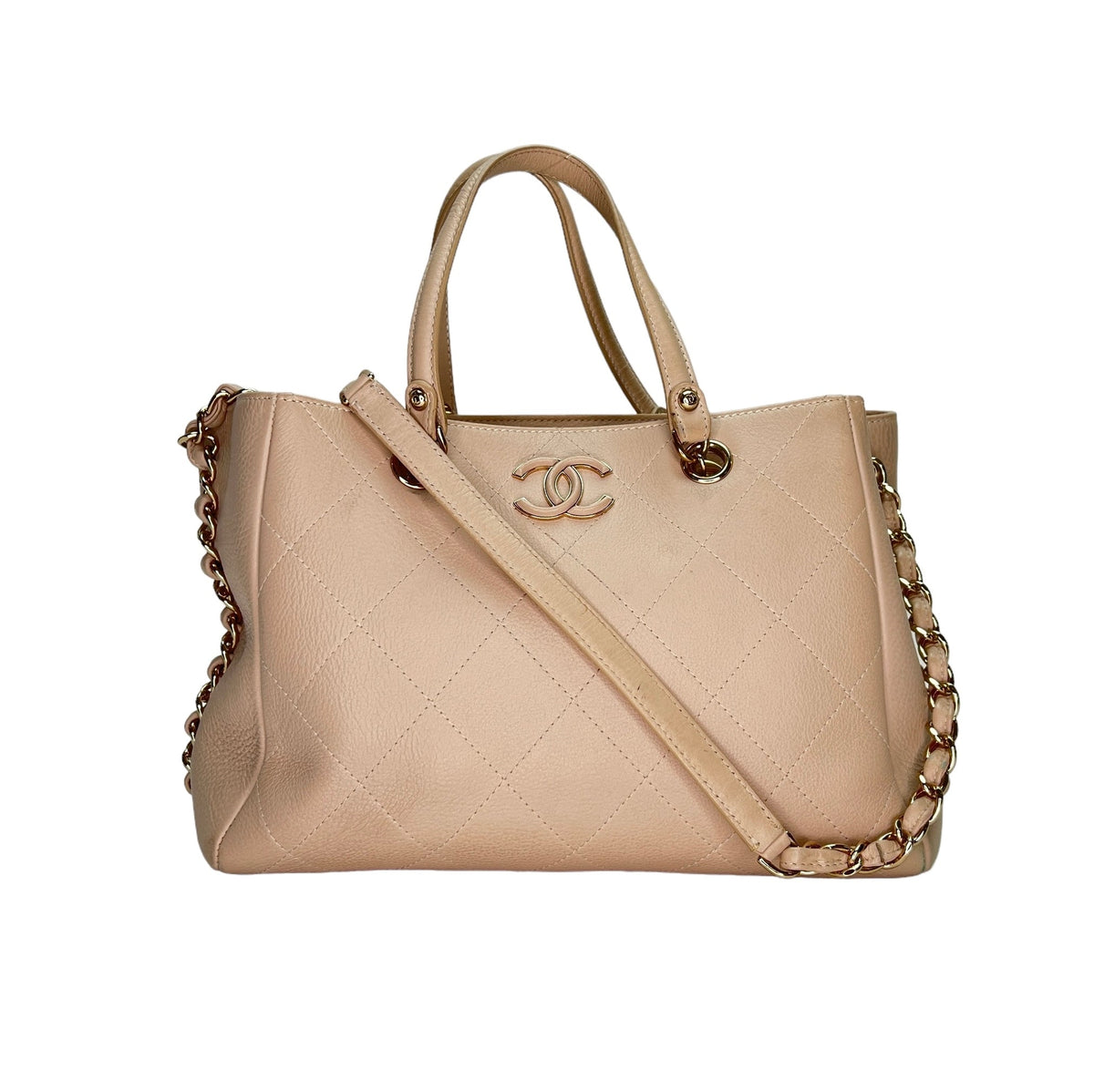 Stitched Shopping Beige Top Handle Bag in, Gold hardware