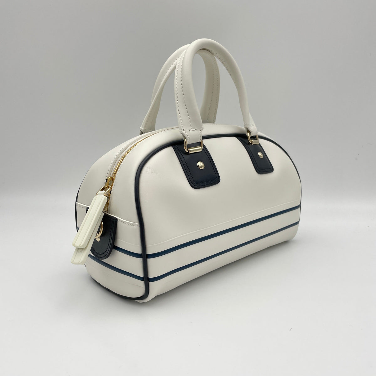 Vibe Bowling White Top Handle Bag in Calfskin, Gold hardware
