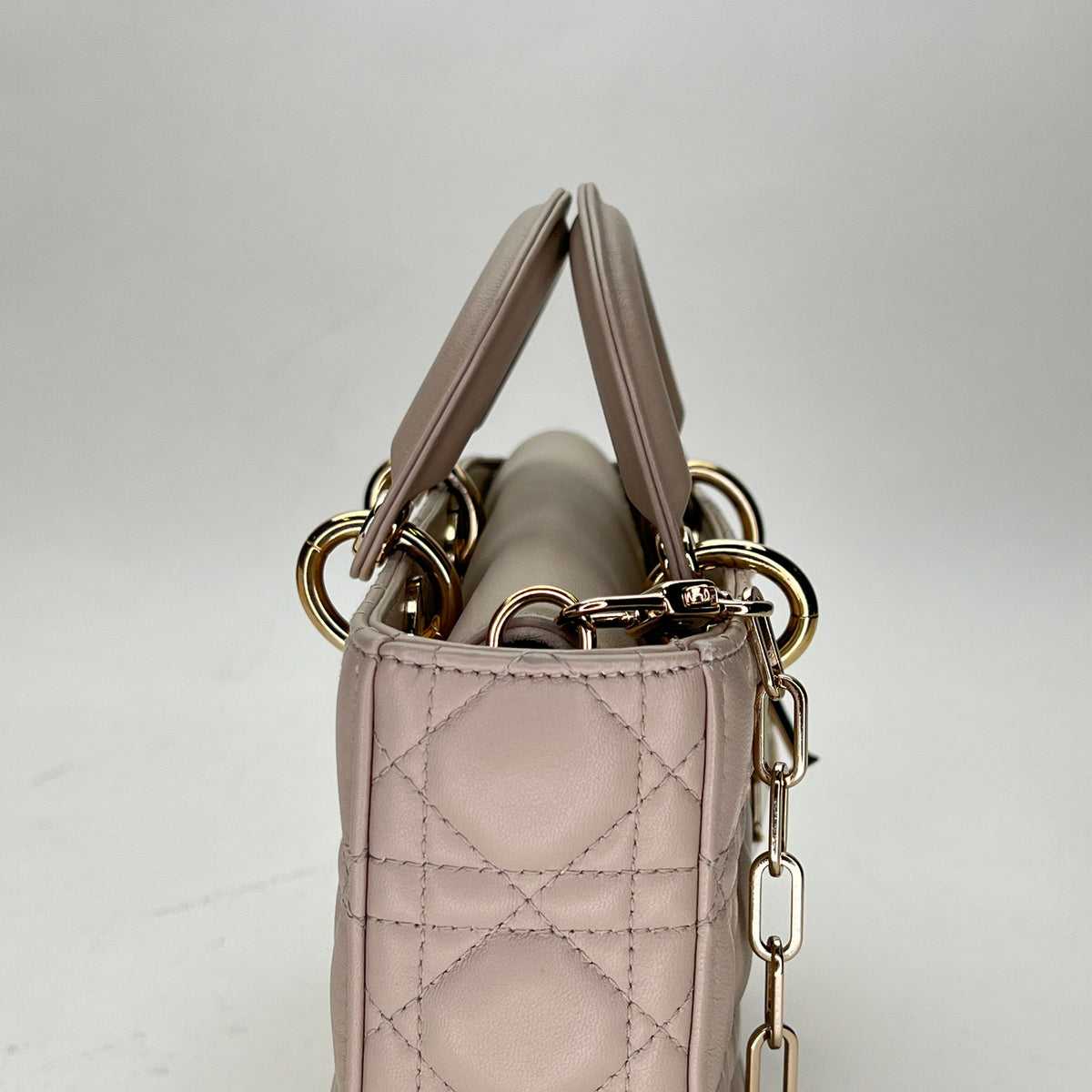 Lady d-joy Medium Beige Top Handle Bag in Lambskin, Light Gold hardware