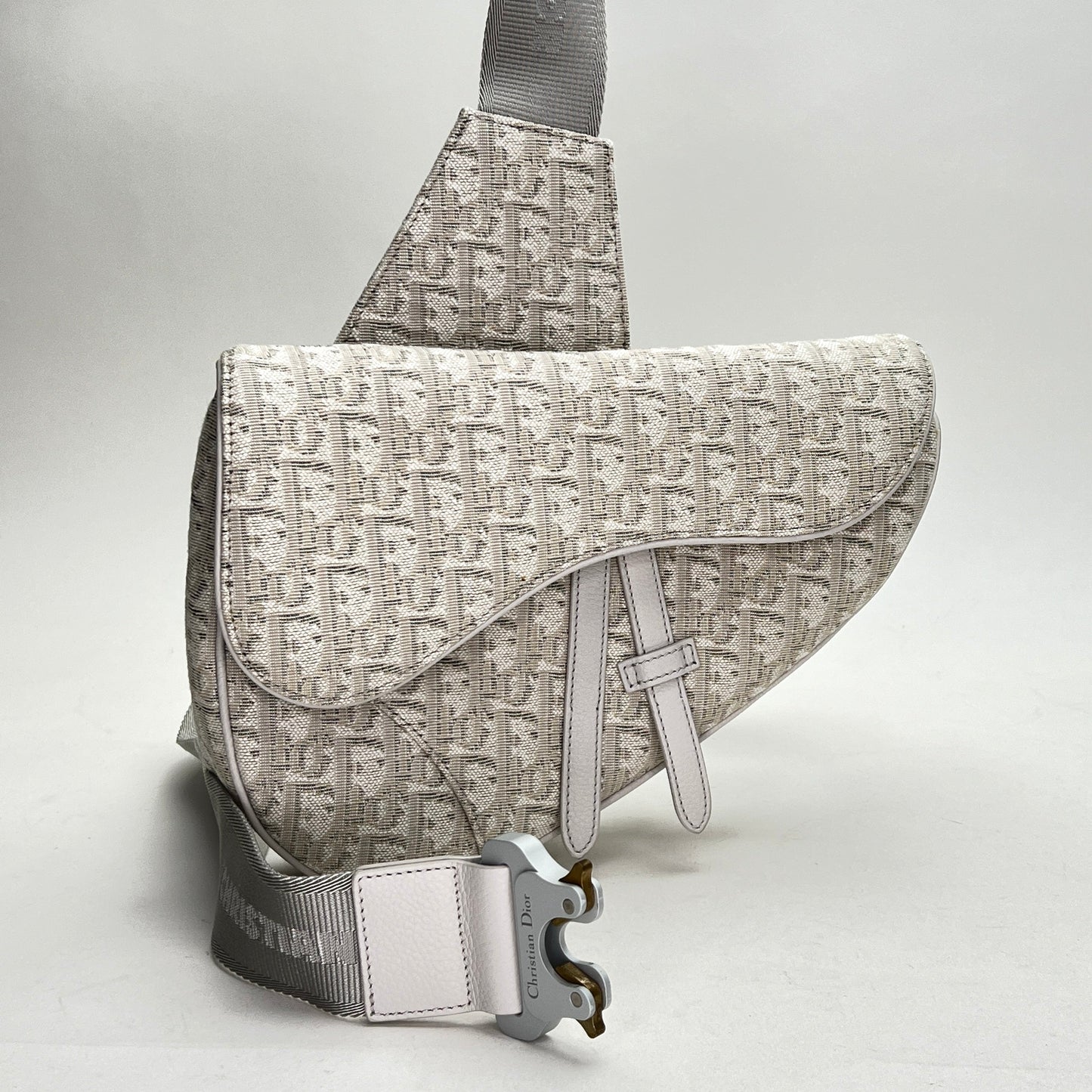 Oblique Saddle Classic White Crossbody Bag in Jacquard, Silver hardware