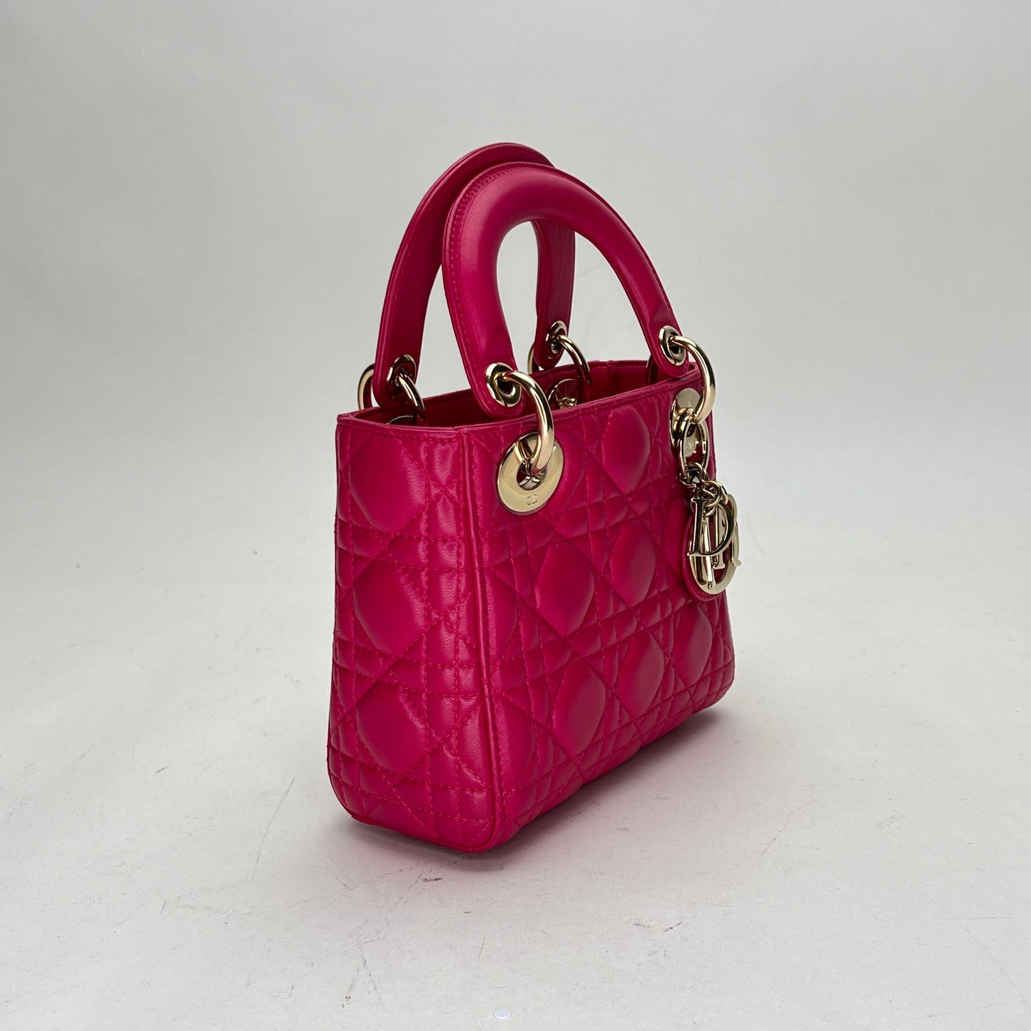 Lady Dior Mini Pink Top Handle Bag in Lambskin, Light Gold hardware