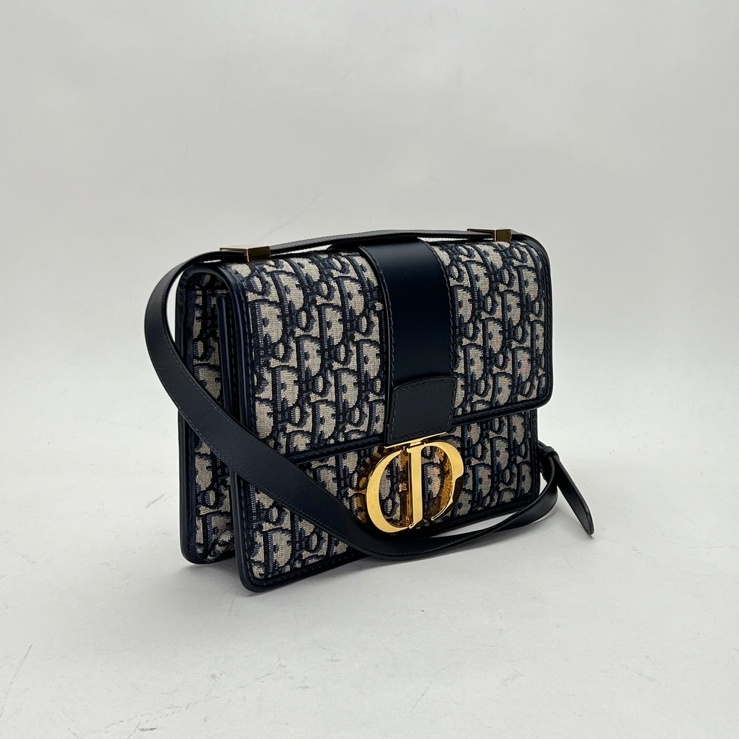 30 Montaigne Navy Shoulder Bag in Jacquard, Gold hardware
