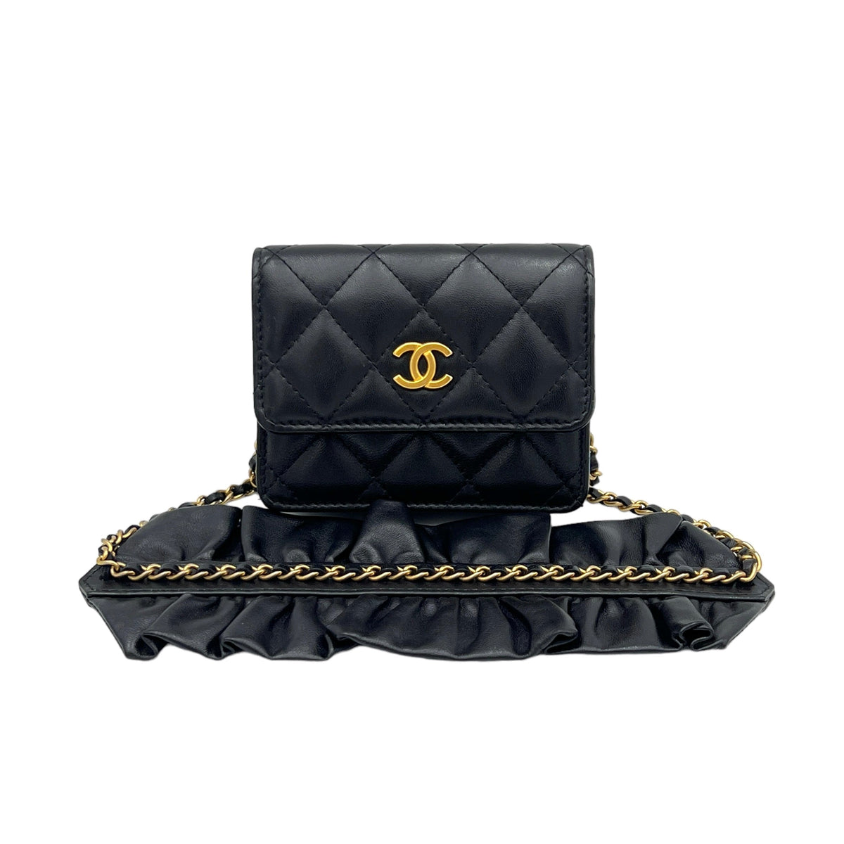 Classic Flap Chain Mini Black Card Holder in Lambskin, Gold hardware