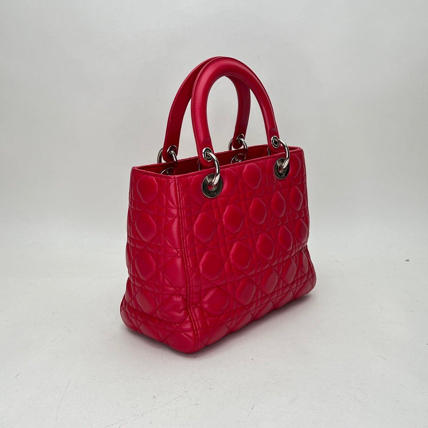 Lady Dior Medium Medium Red Top Handle Bag in Lambskin, Silver hardware