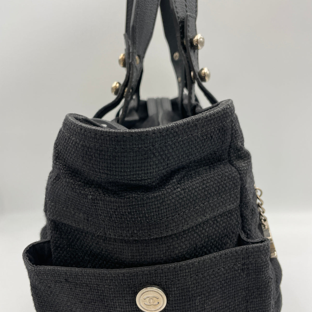Paris Biarritz Black Top Handle Bag in Canvas, Silver hardware