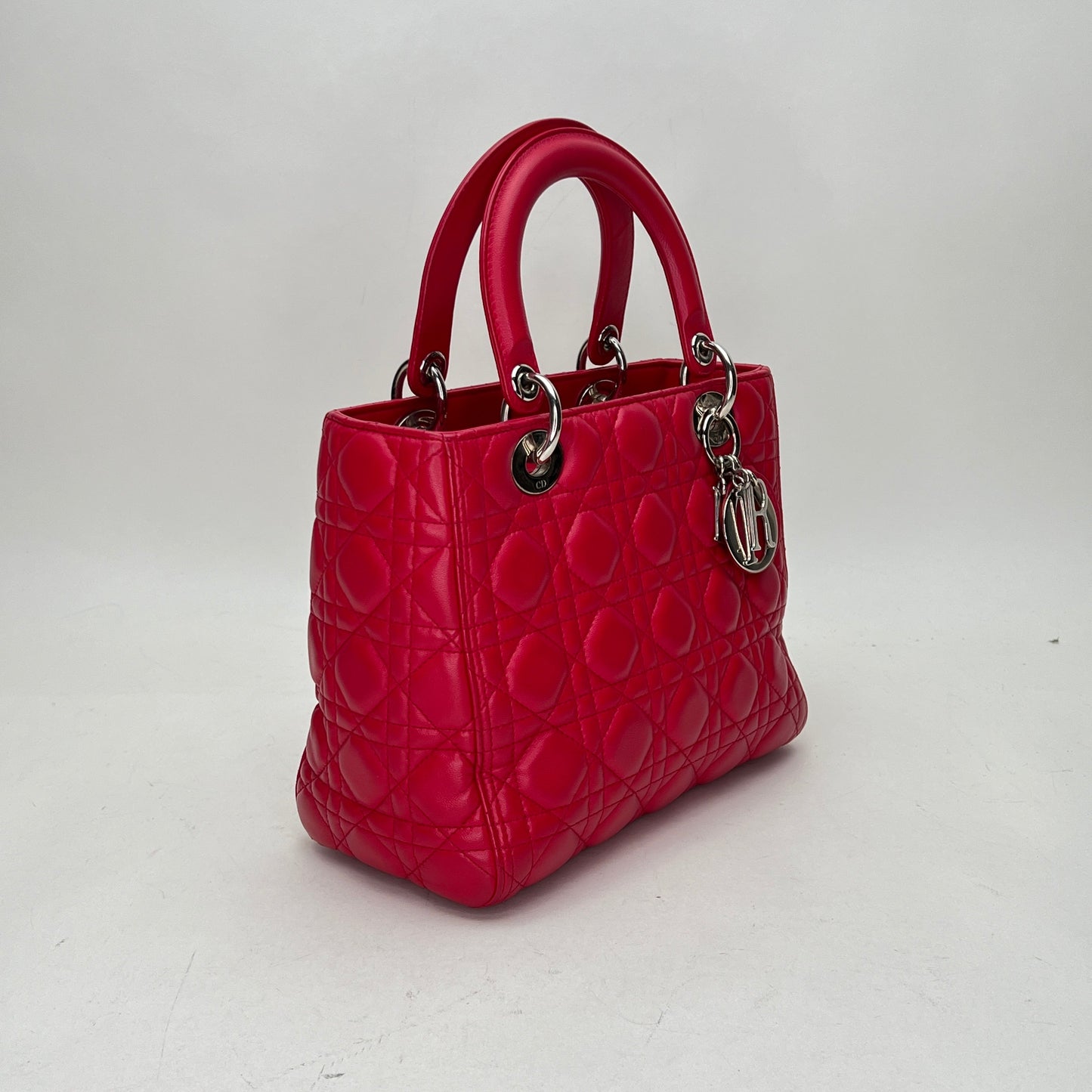 Lady Dior Medium Medium Red Top Handle Bag in Lambskin, Silver hardware
