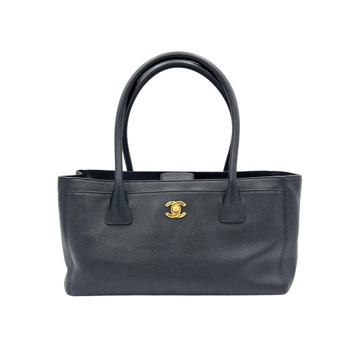 Executive Cerf Black Top Handle Bag in Calfskin, Gold hardware