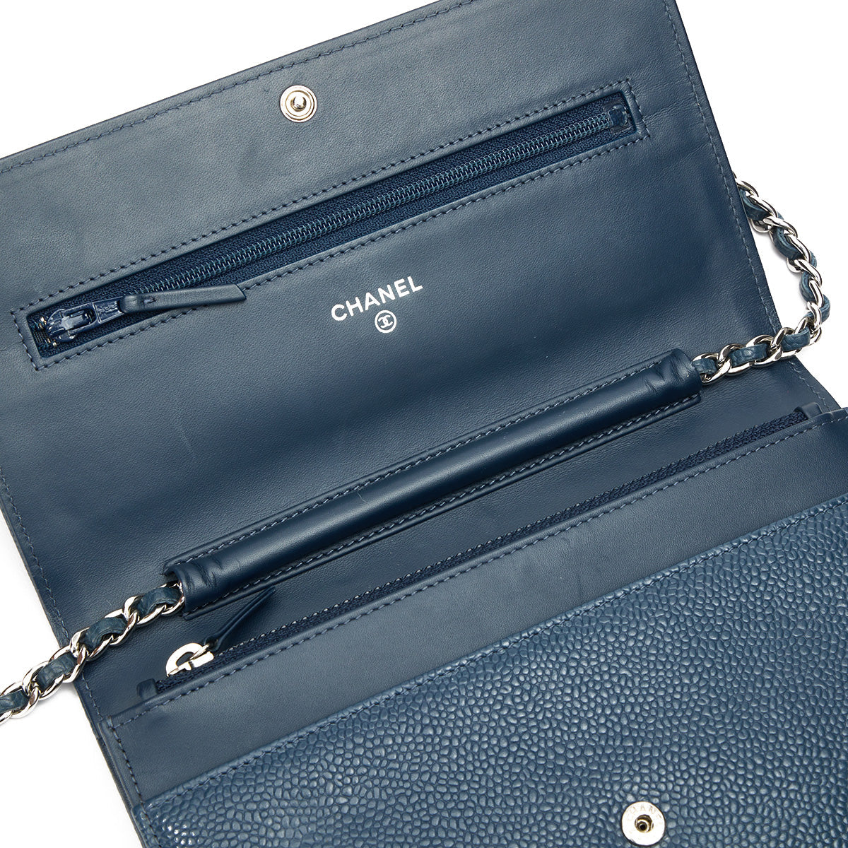 Timeless CC Blue Wallet on Chain in Caviar Leather, Silver hardware