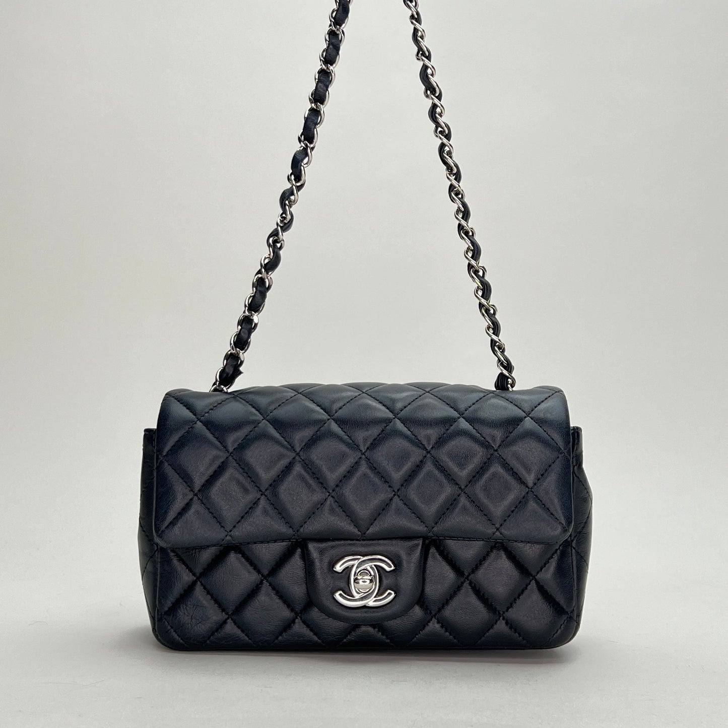 Classic Flap Mini Rectangle Navy Shoulder Bag in Lambskin, Silver hardware