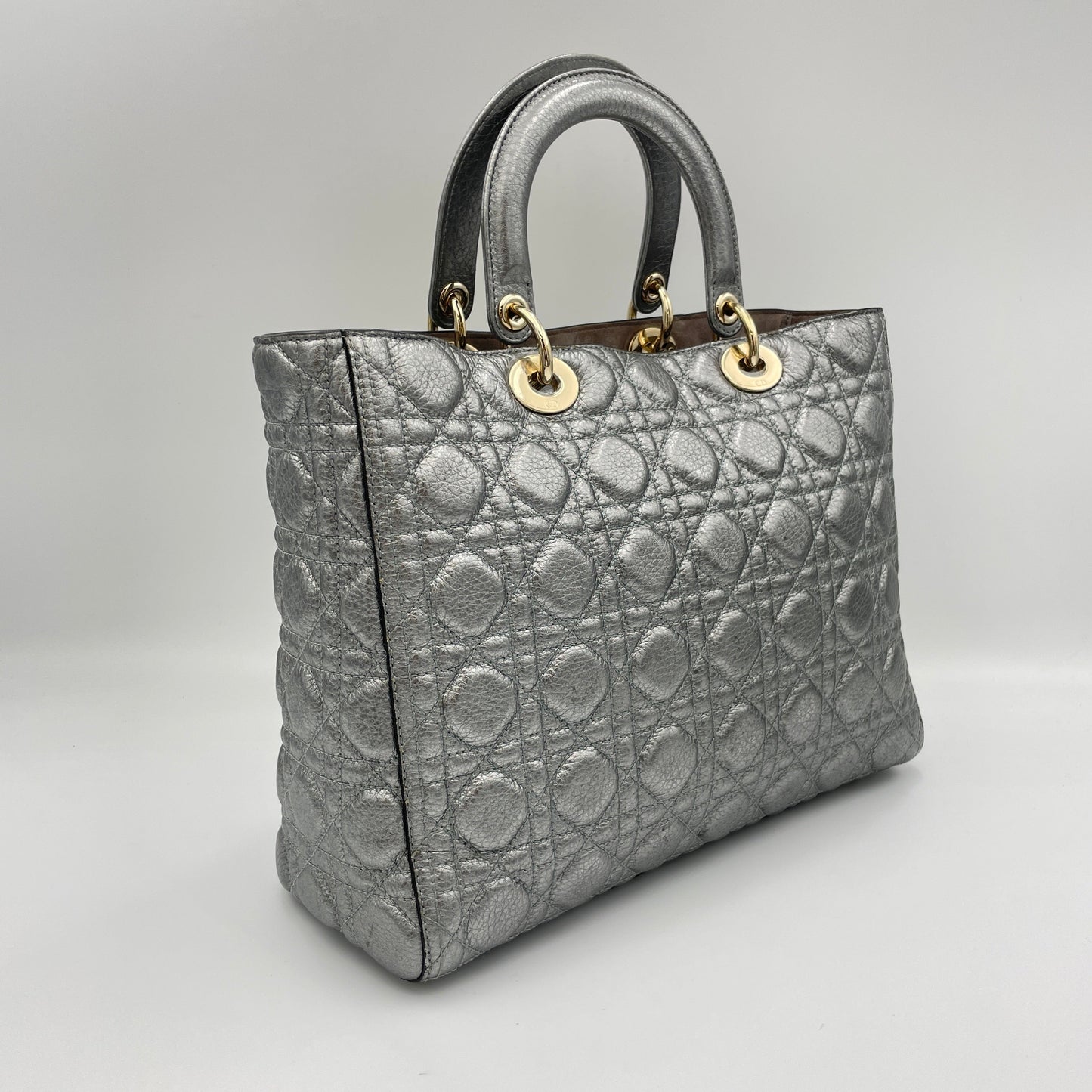 Lady Dior Large Silver Top Handle Bag in Calfskin, Gold hardware