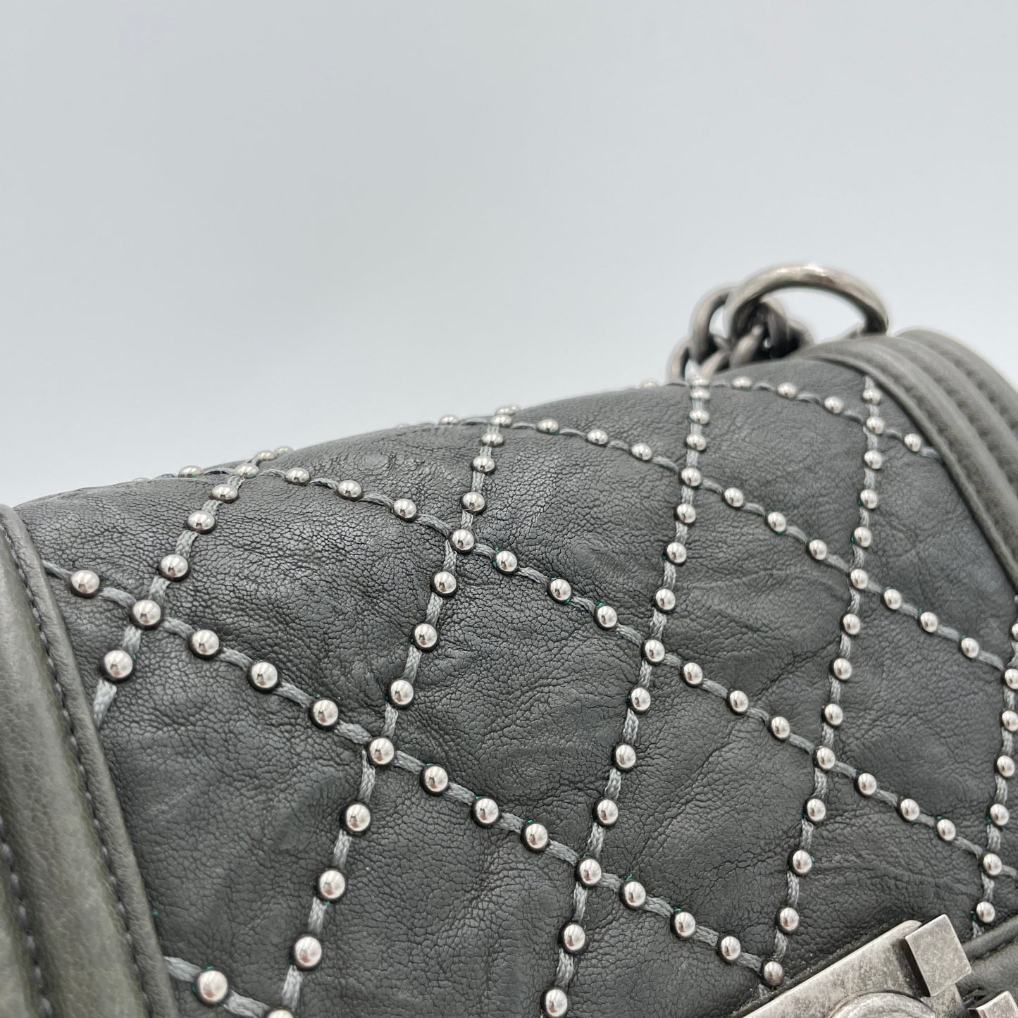 Studded Boy Small Grey Crossbody Bag in Calfskin, Ruthenium hardware