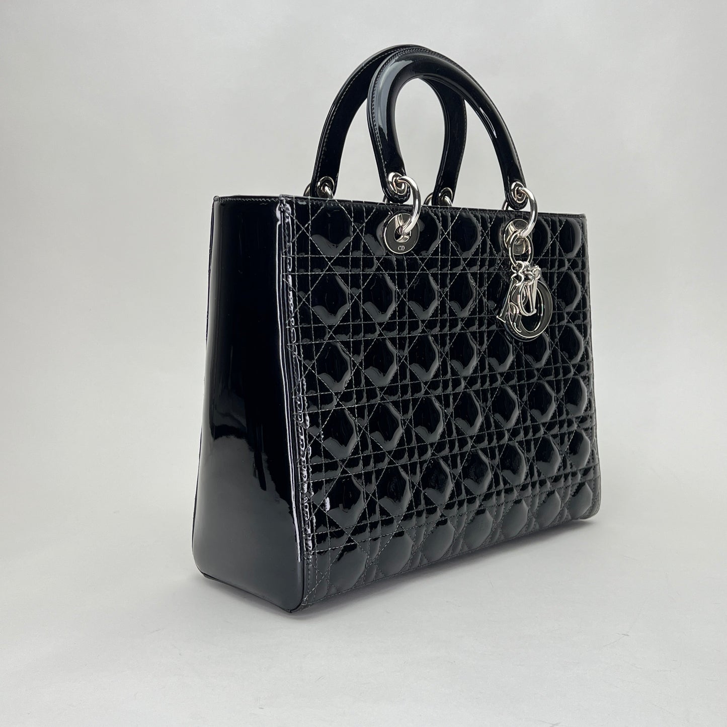 Lady Dior Large Black Top Handle Bag in Patent Leather, Silver hardware