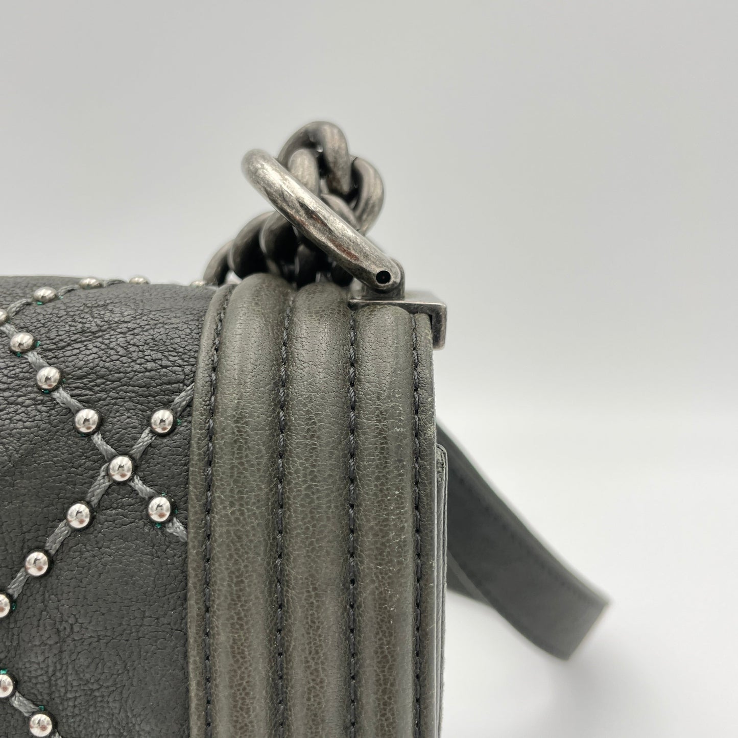 Studded Boy Small Grey Crossbody Bag in Calfskin, Ruthenium hardware