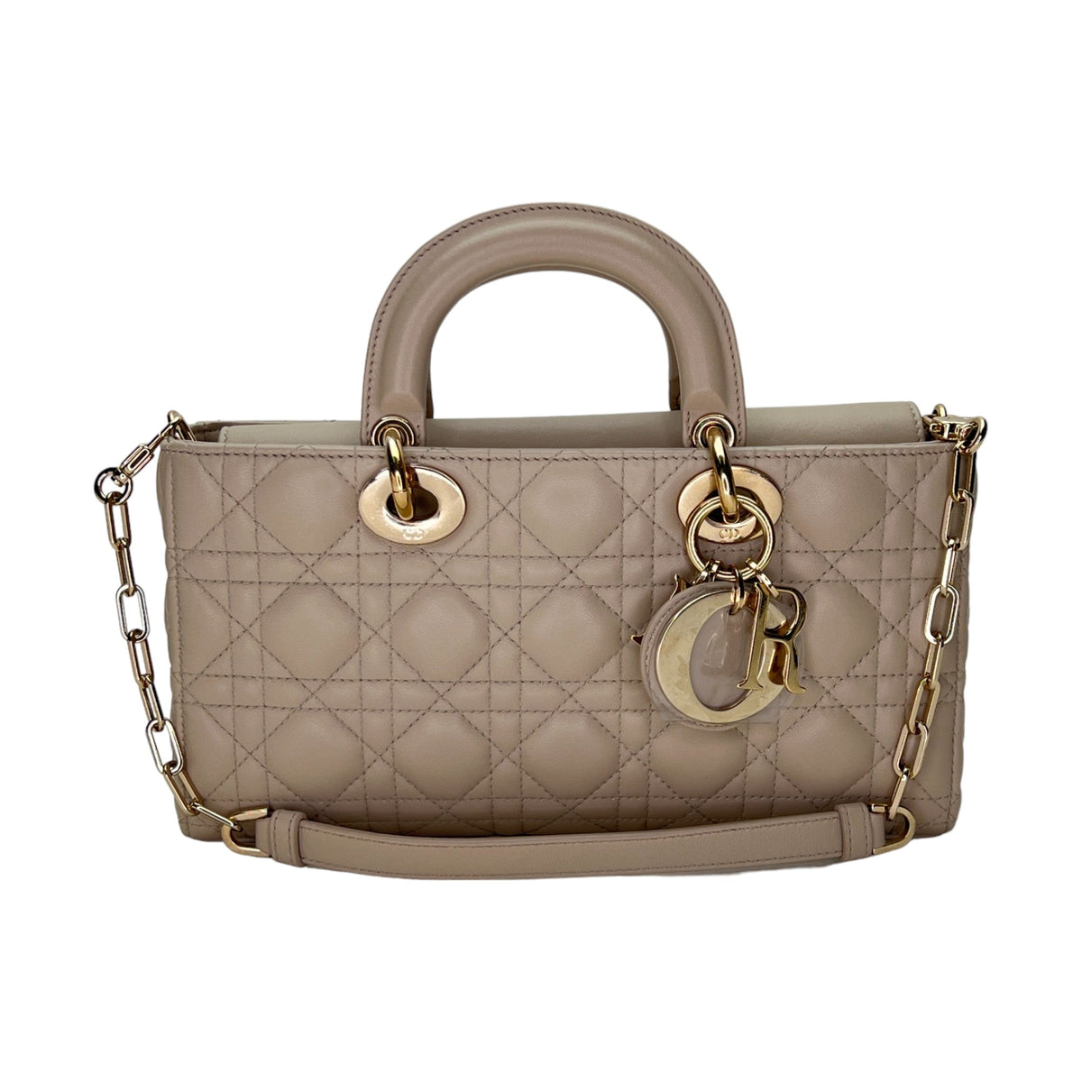 Lady d-joy Medium Beige Top Handle Bag in Lambskin, Light Gold hardware