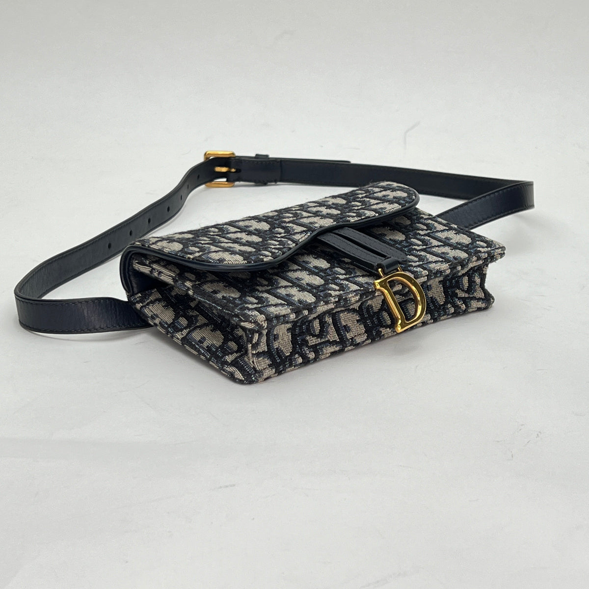 Saddle Mini Navy Belt Bag in Jacquard, Gold hardware
