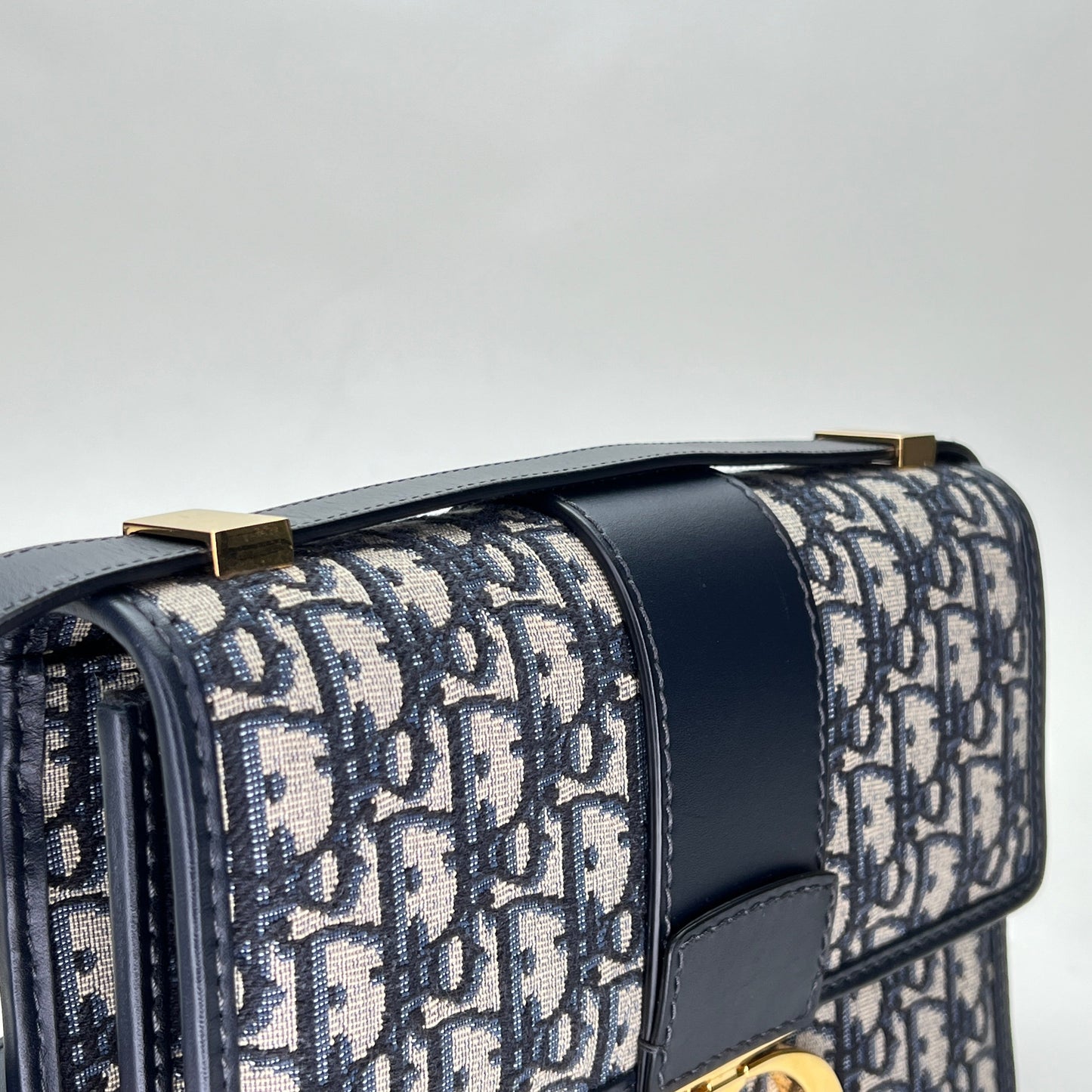 30 Montaigne Navy Shoulder Bag in Jacquard, Gold hardware
