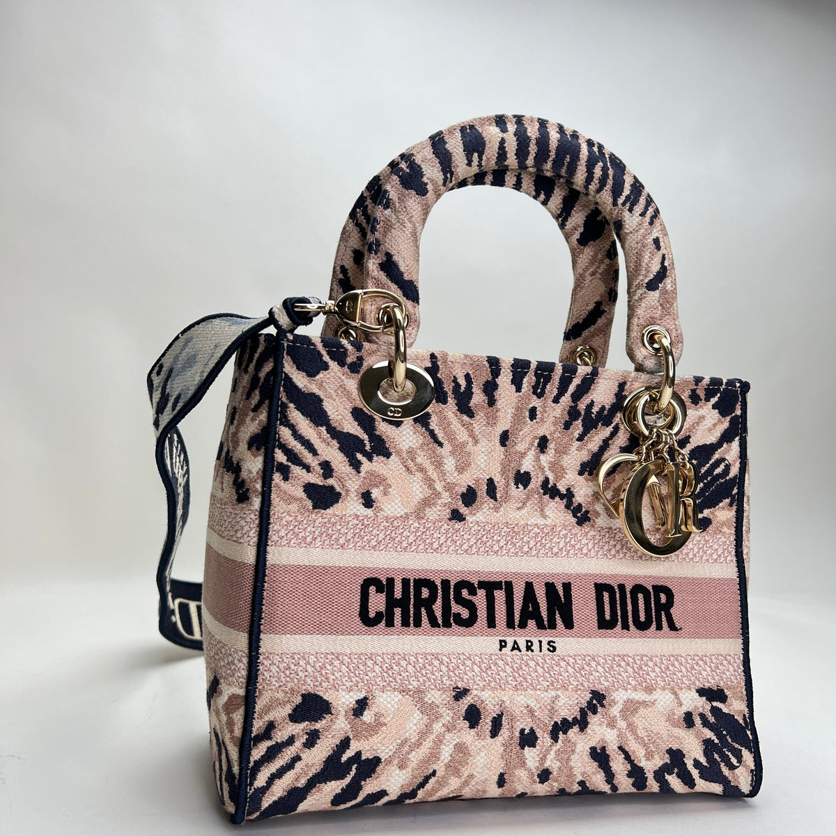 Lady D-lite Medium Multi-colour Top Handle Bag in Canvas, Light Gold hardware