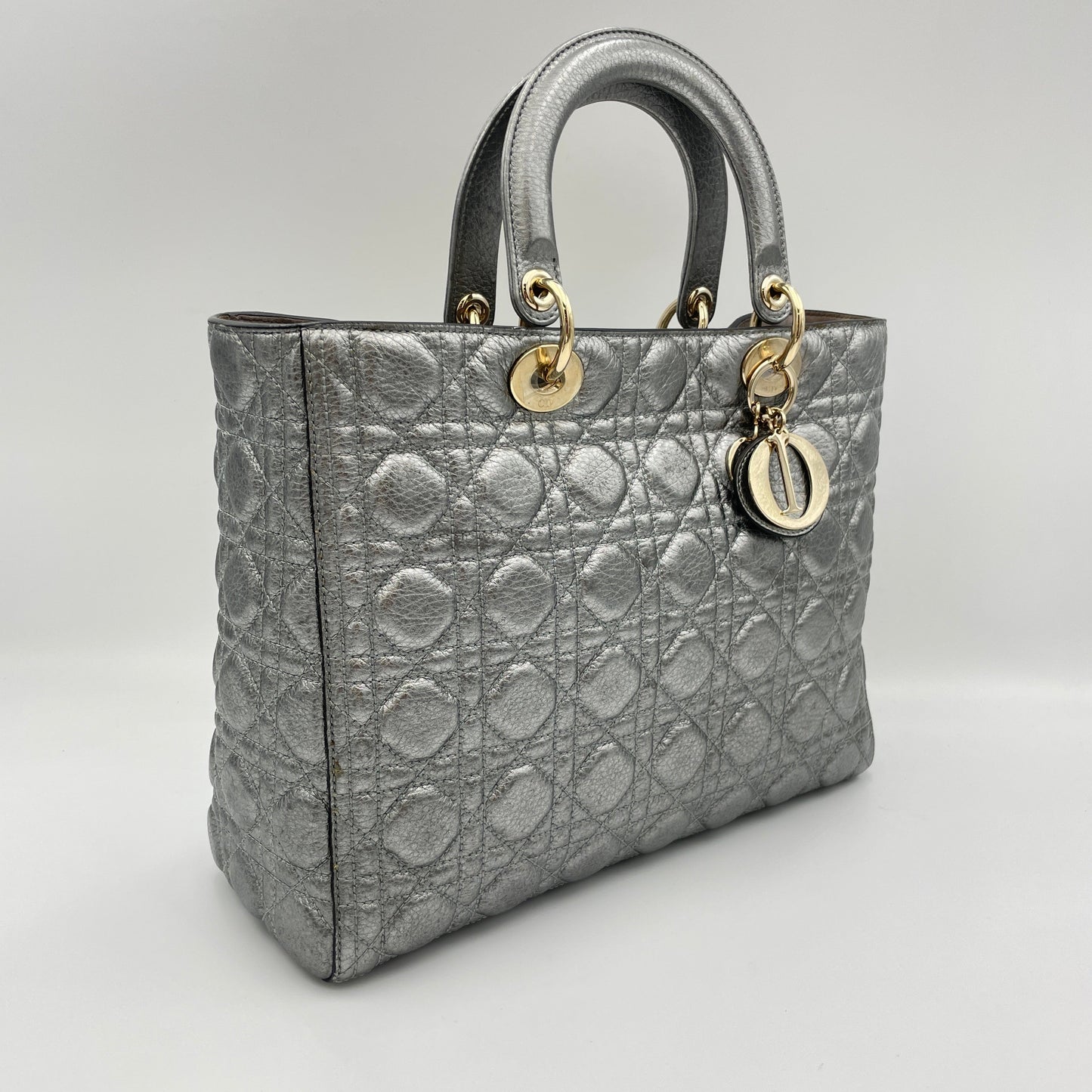 Lady Dior Large Silver Top Handle Bag in Calfskin, Gold hardware
