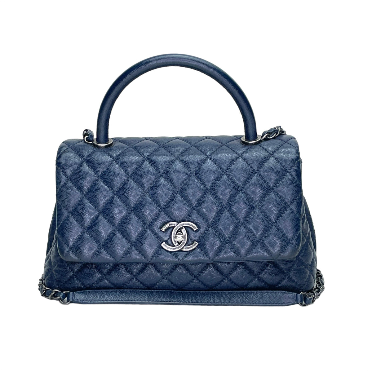 Coco Navy Top Handle Bag in Caviar Leather, Ruthenium hardware