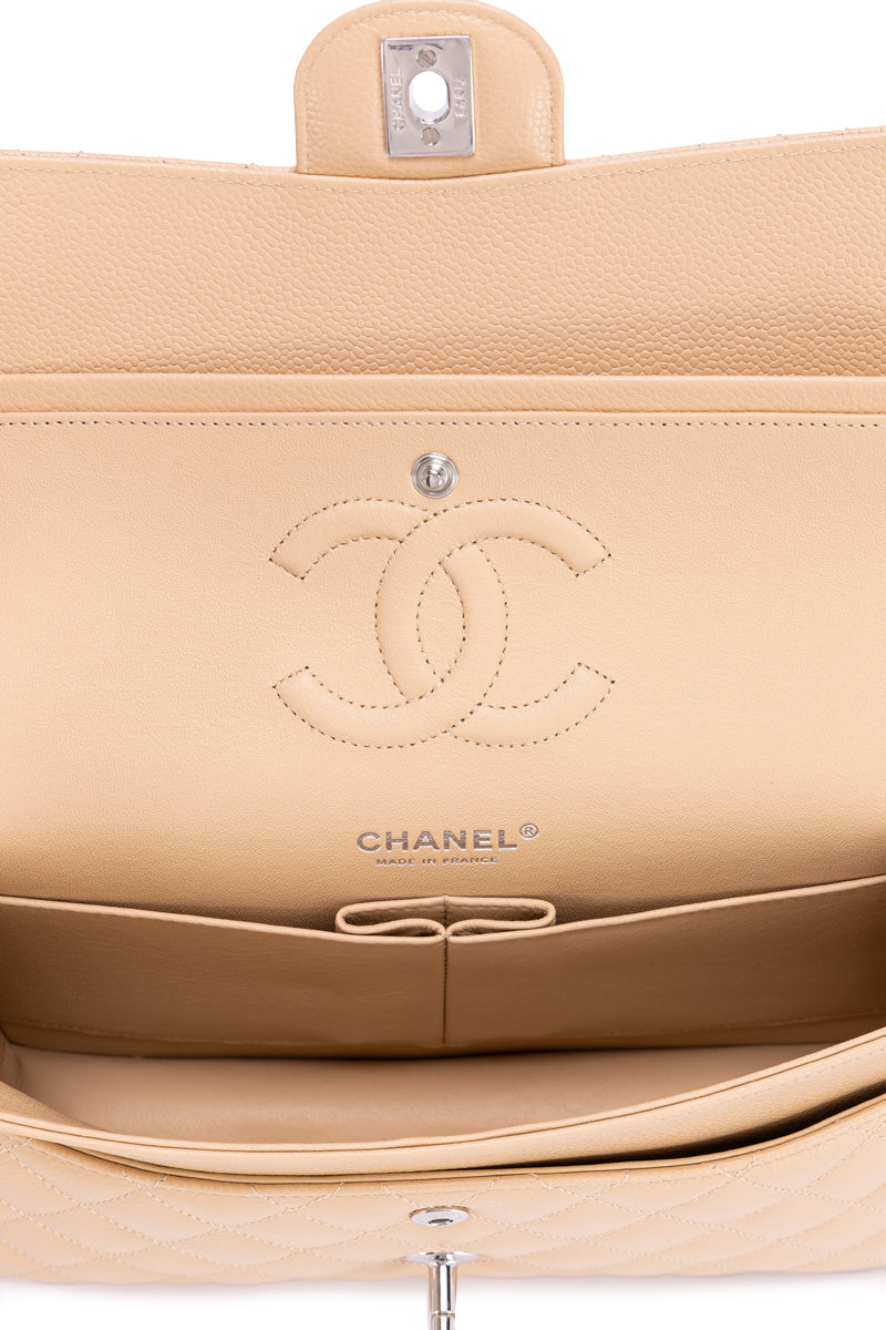 Classic Double Flap Medium Beige Shoulder Bag in Caviar Leather, Silver hardware
