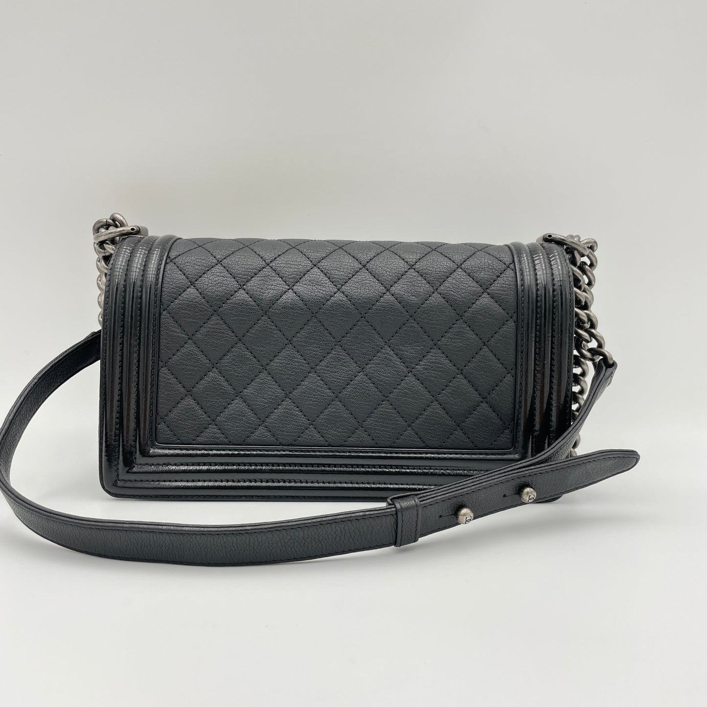 Boy Old Medium Black Shoulder Bag in Goat Leather, Ruthenium hardware