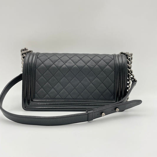 Boy Old Medium Black Shoulder Bag in Goat Leather, Ruthenium hardware