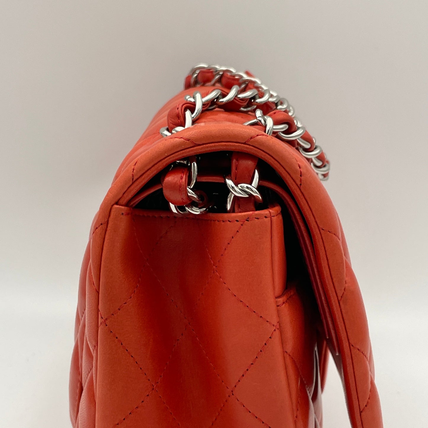 Classic Double Flap Jumbo Red Shoulder Bag in Lambskin, Silver hardware