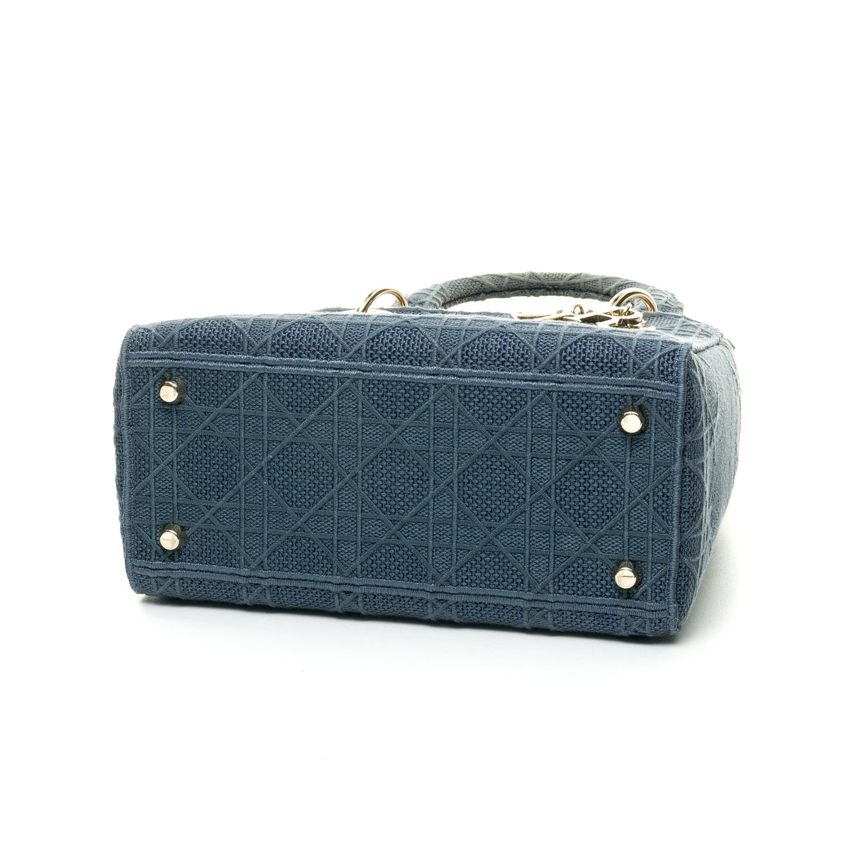 Embroidered Cannage Lady D-Lite Medium Blue Top Handle Bag in Canvas, Silver hardware