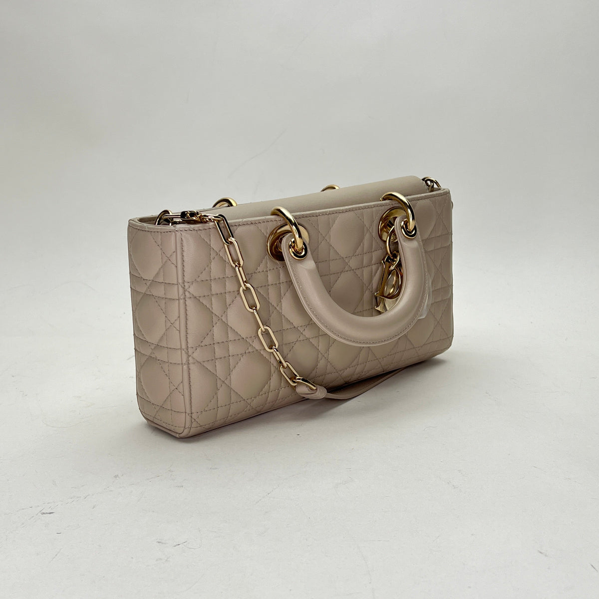 Lady d-joy Medium Beige Top Handle Bag in Lambskin, Light Gold hardware