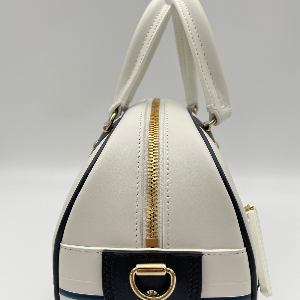 Vibe Bowling White Top Handle Bag in Calfskin, Gold hardware