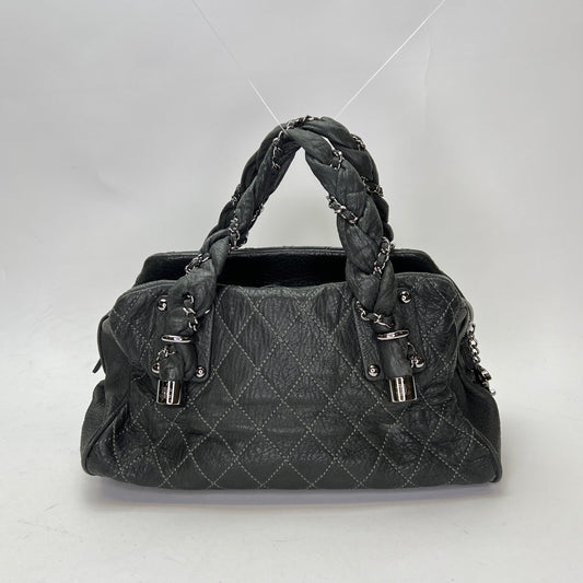 Braid Bowler Grey Top Handle Bag in Distressed Leather, Ruthenium hardware