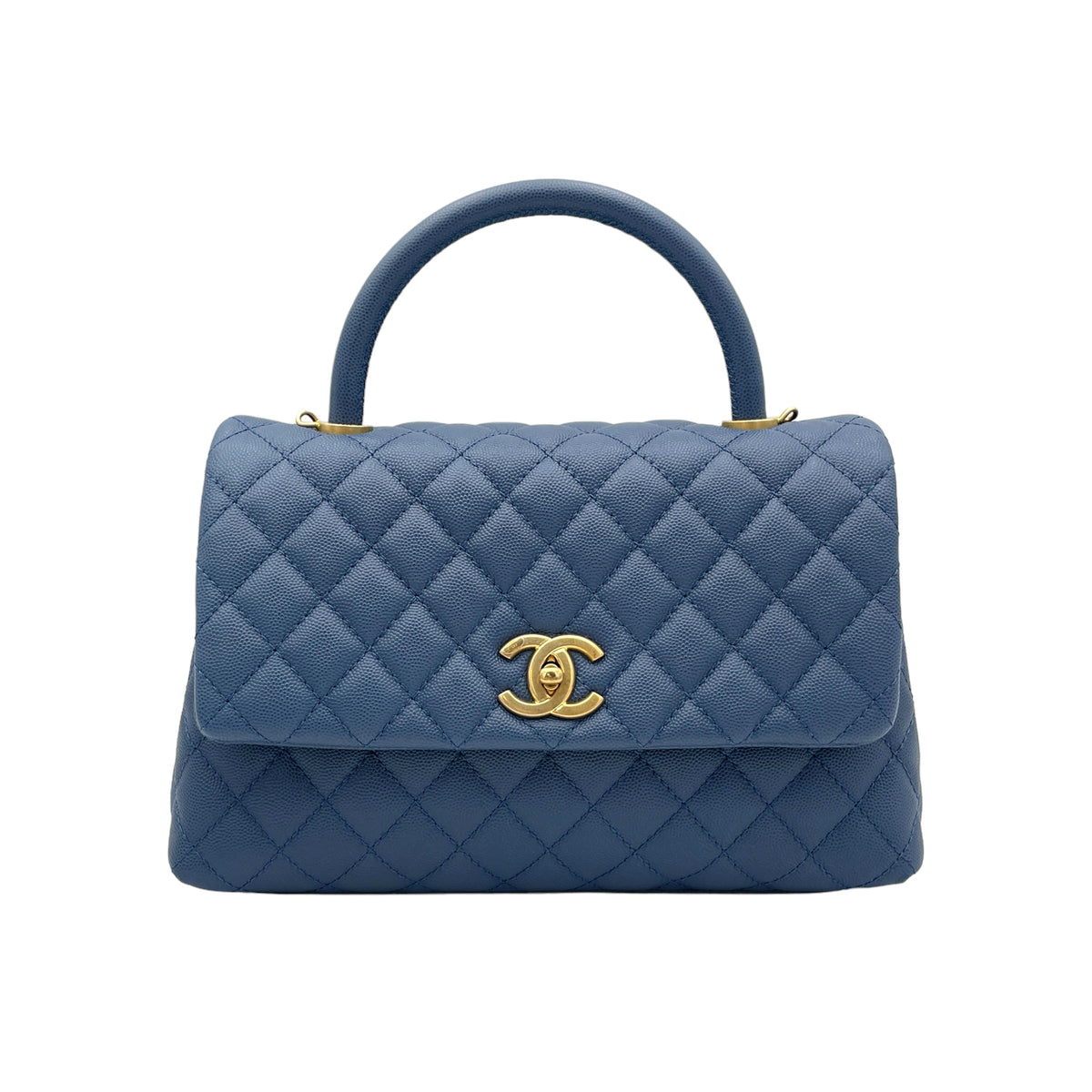 Coco Flap Blue Top Handle Bag in Caviar Leather, Gold hardware