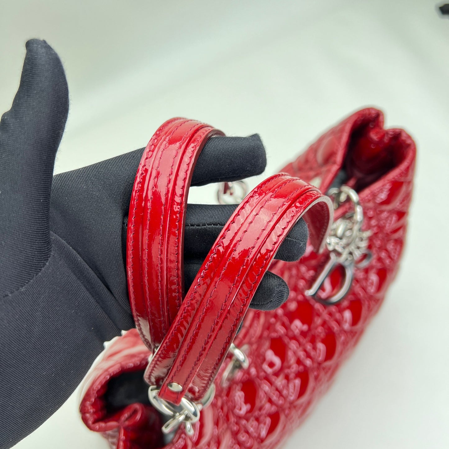 Cannage Shopping Red Tote Bag in Patent Leather, Silver hardware