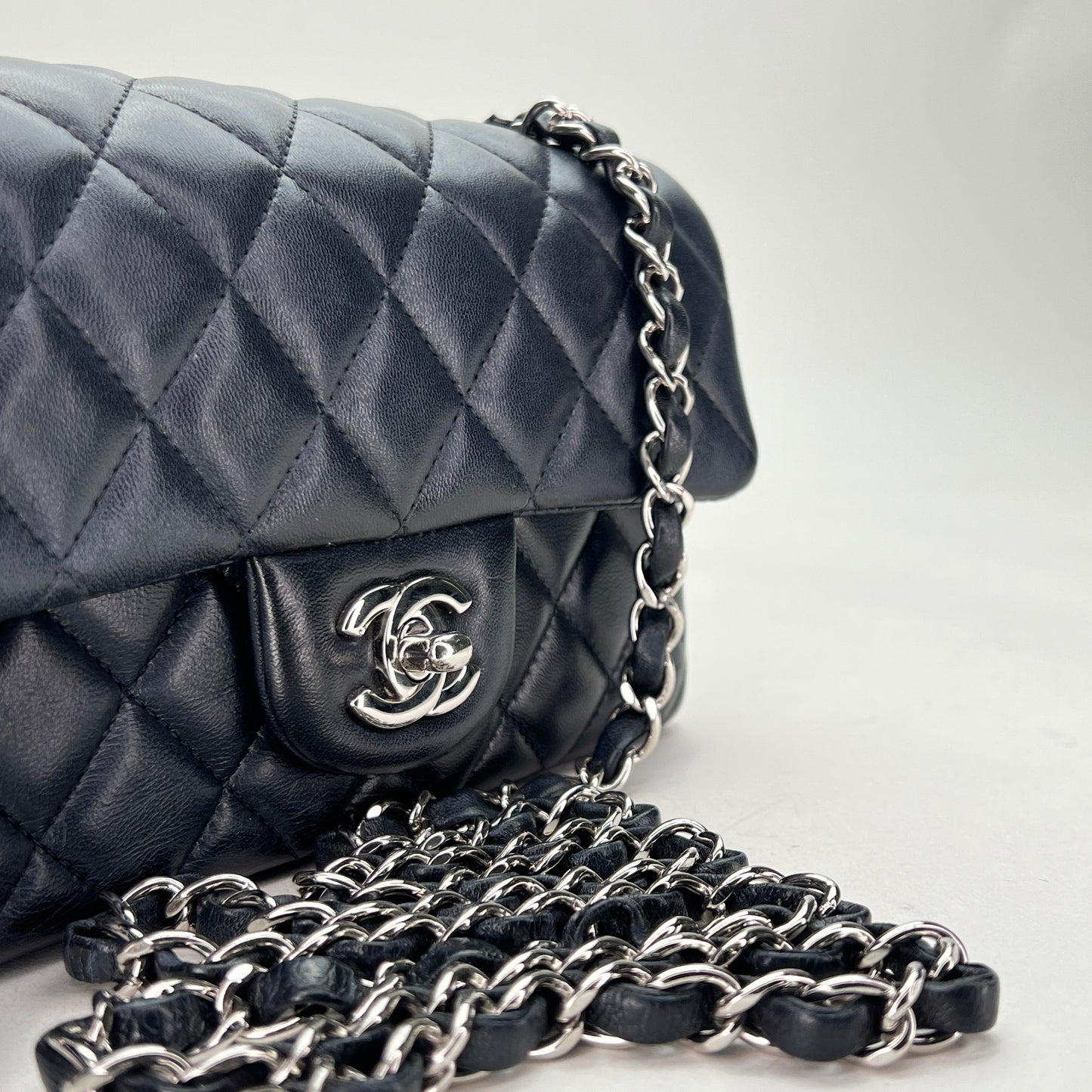 Classic Flap Mini Rectangle Navy Shoulder Bag in Lambskin, Silver hardware