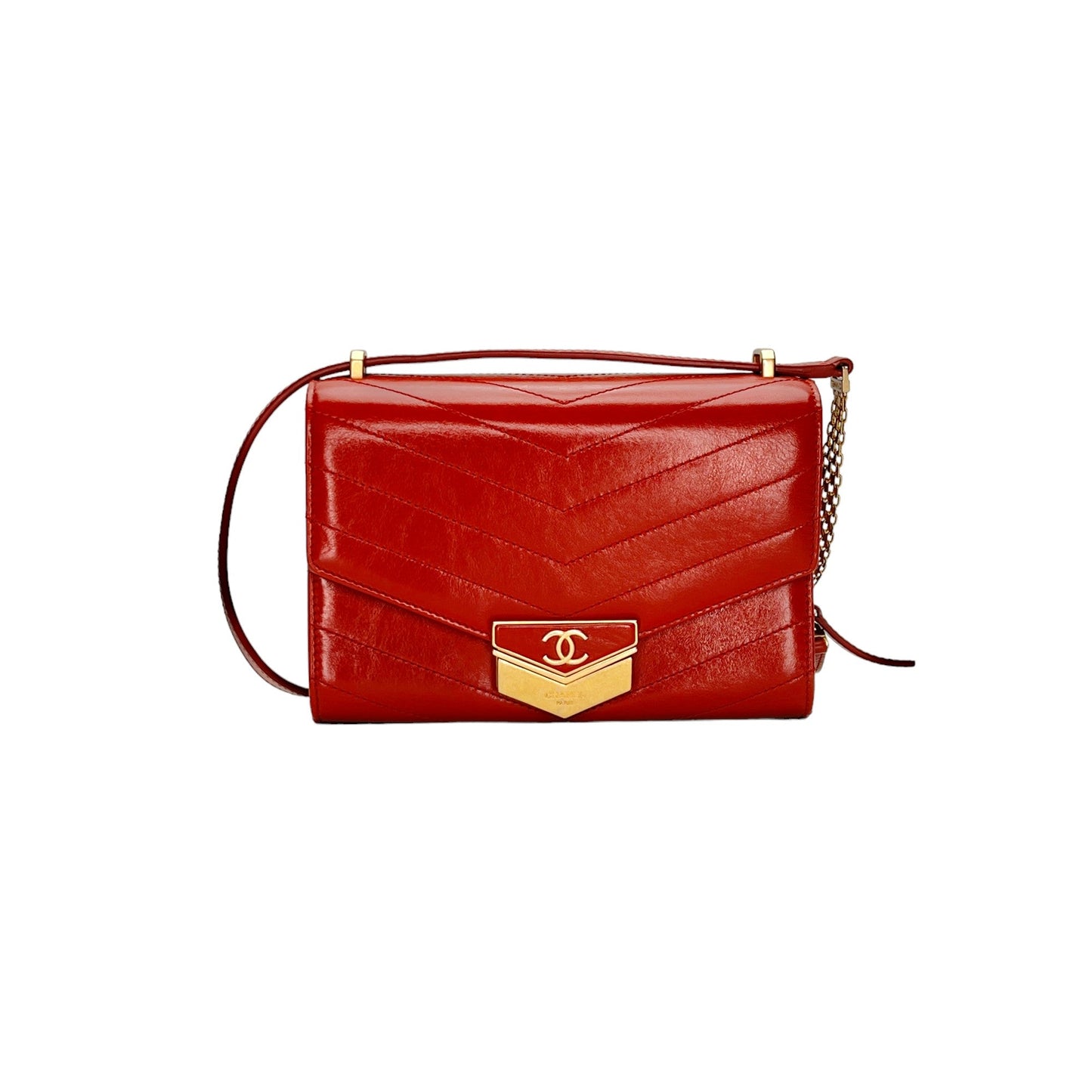 Chevron Medal Flap  Orange Crossbody Bag in Calfskin, Gold hardware