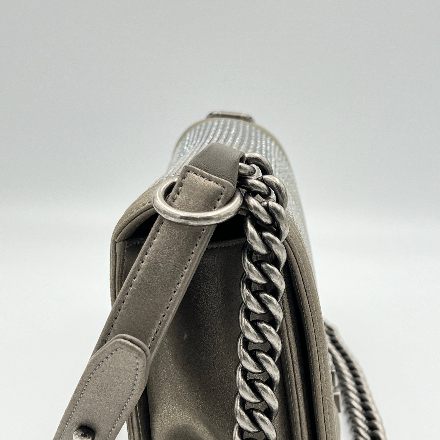 Boy Medium Grey Crossbody Bag in Calfskin, Ruthenium hardware