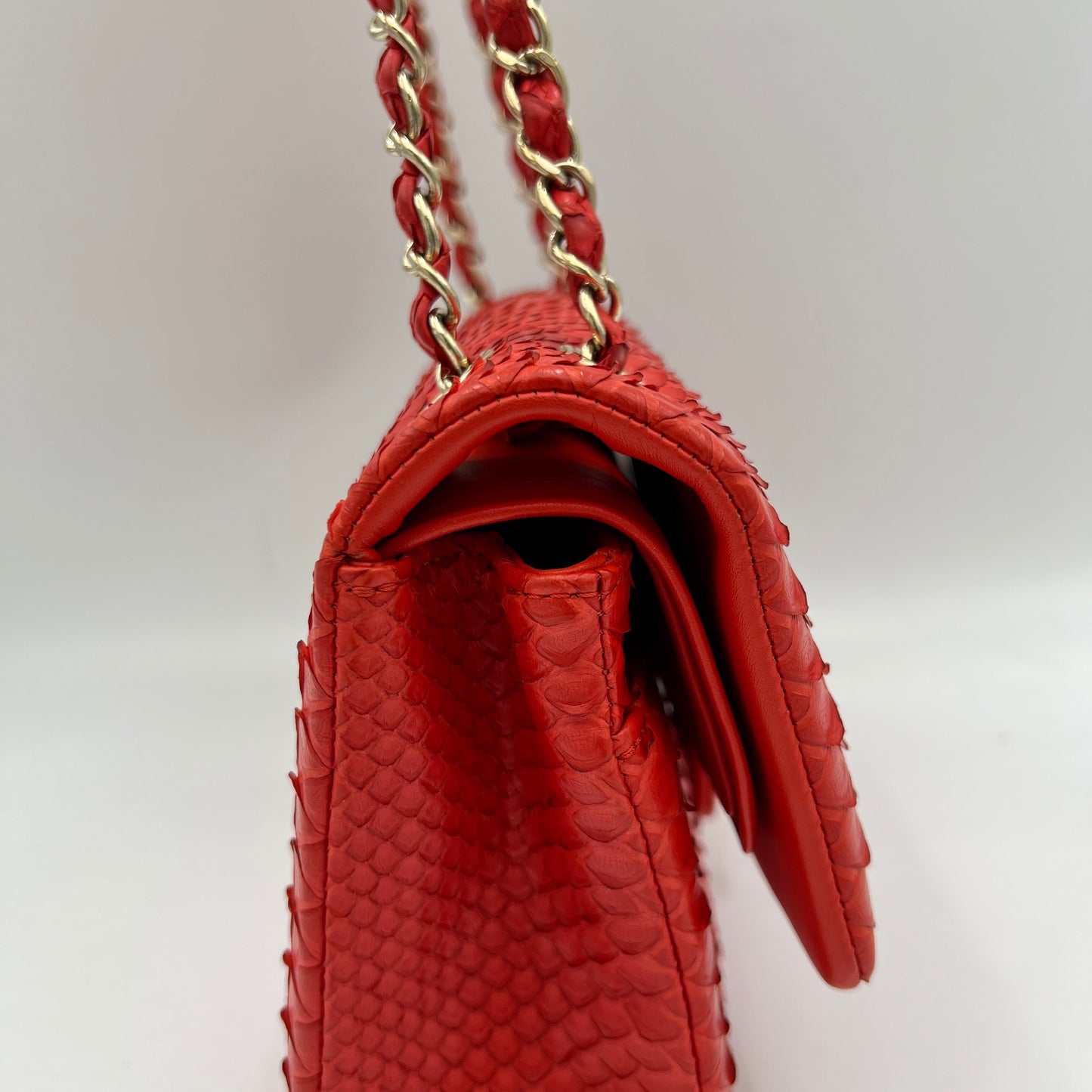 Classic Double Flap Medium Red Shoulder Bag in Python Leather, Gold hardware