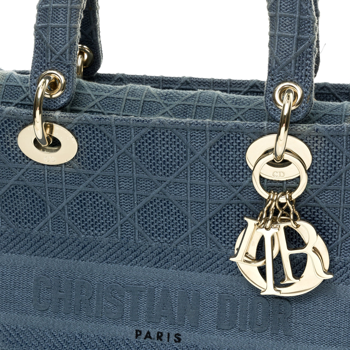 Embroidered Cannage Lady D-Lite Medium Blue Top Handle Bag in Canvas, Silver hardware