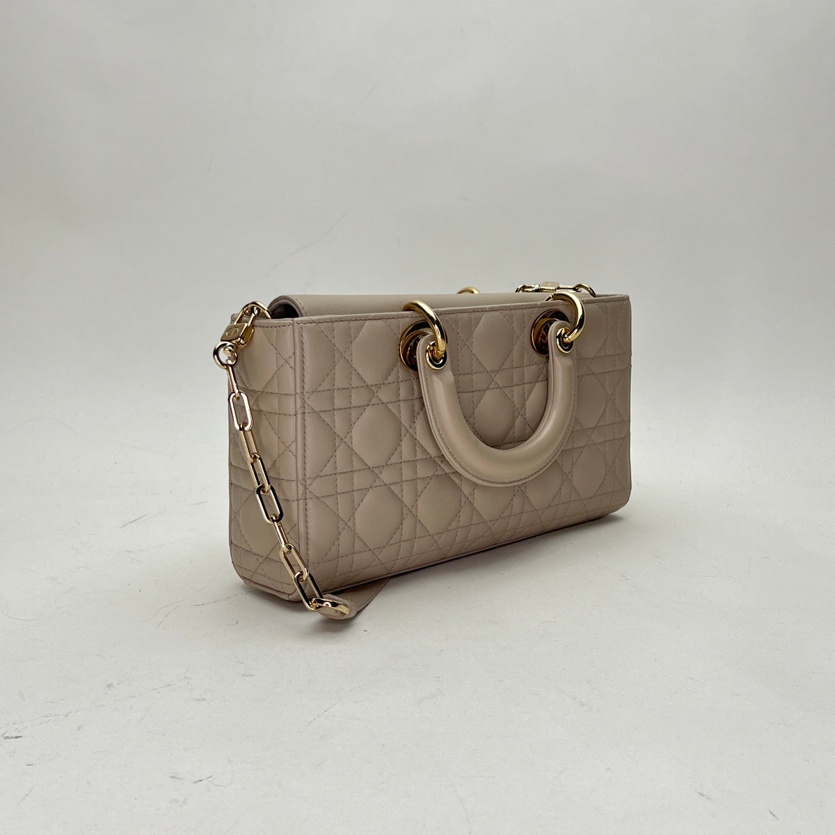 Lady d-joy Medium Beige Top Handle Bag in Lambskin, Light Gold hardware
