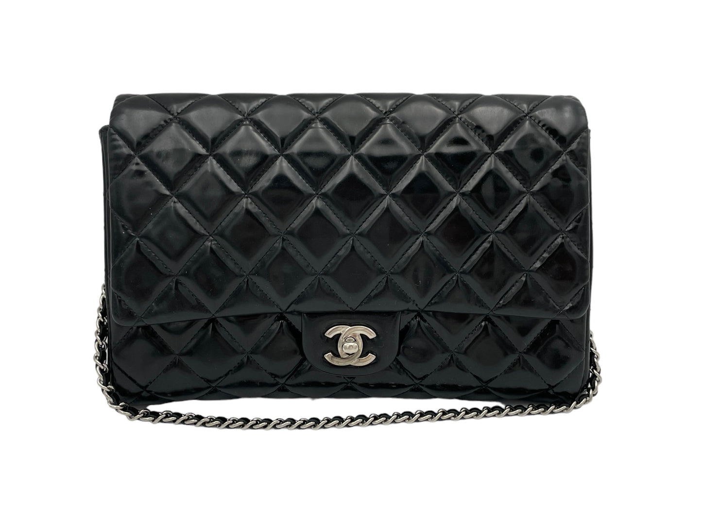 Classic Black Shoulder Bag in Patent Leather, Silver hardware