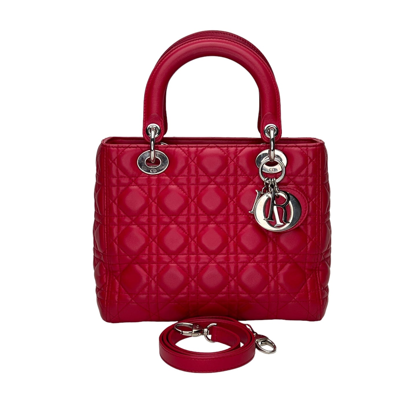 Lady Dior Medium Medium Red Top Handle Bag in Lambskin, Silver hardware