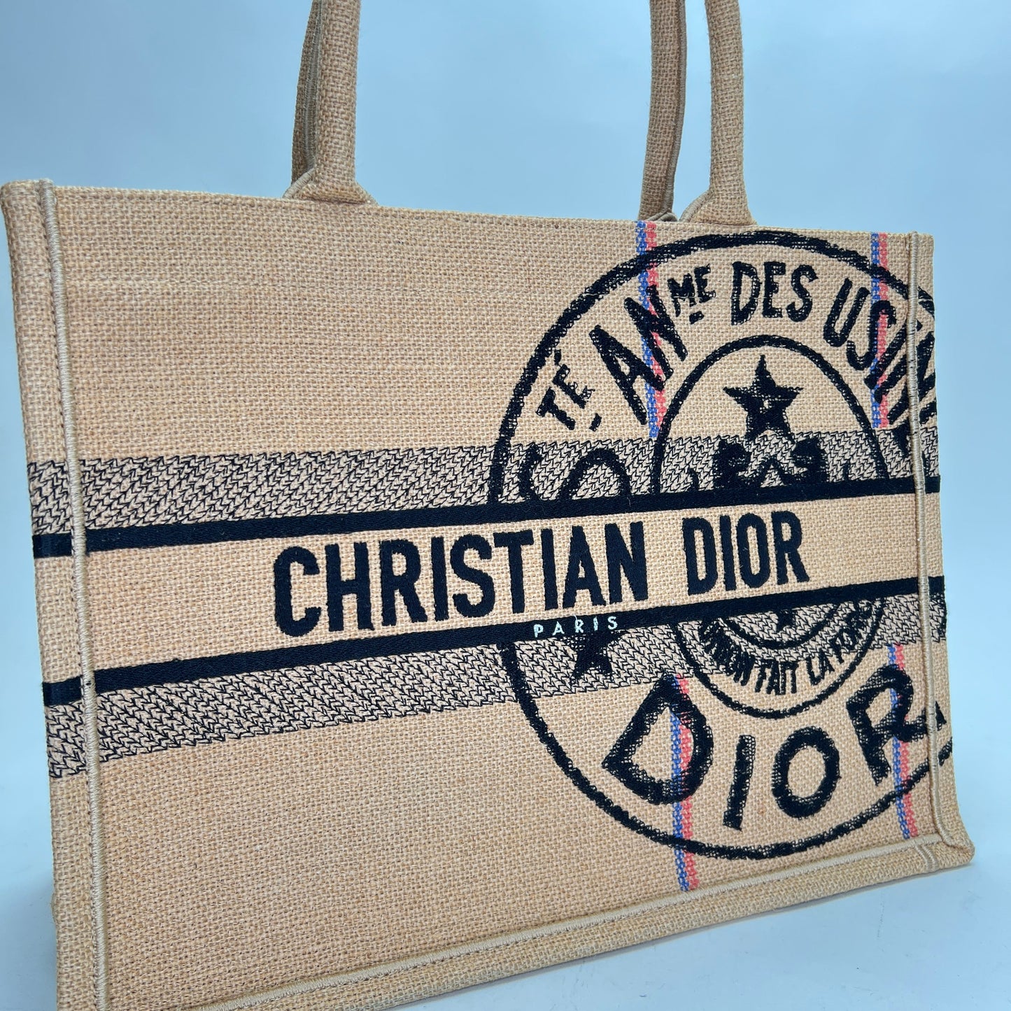 Book Tote Jute Embroidered Medium Brown Tote Bag in Canvas