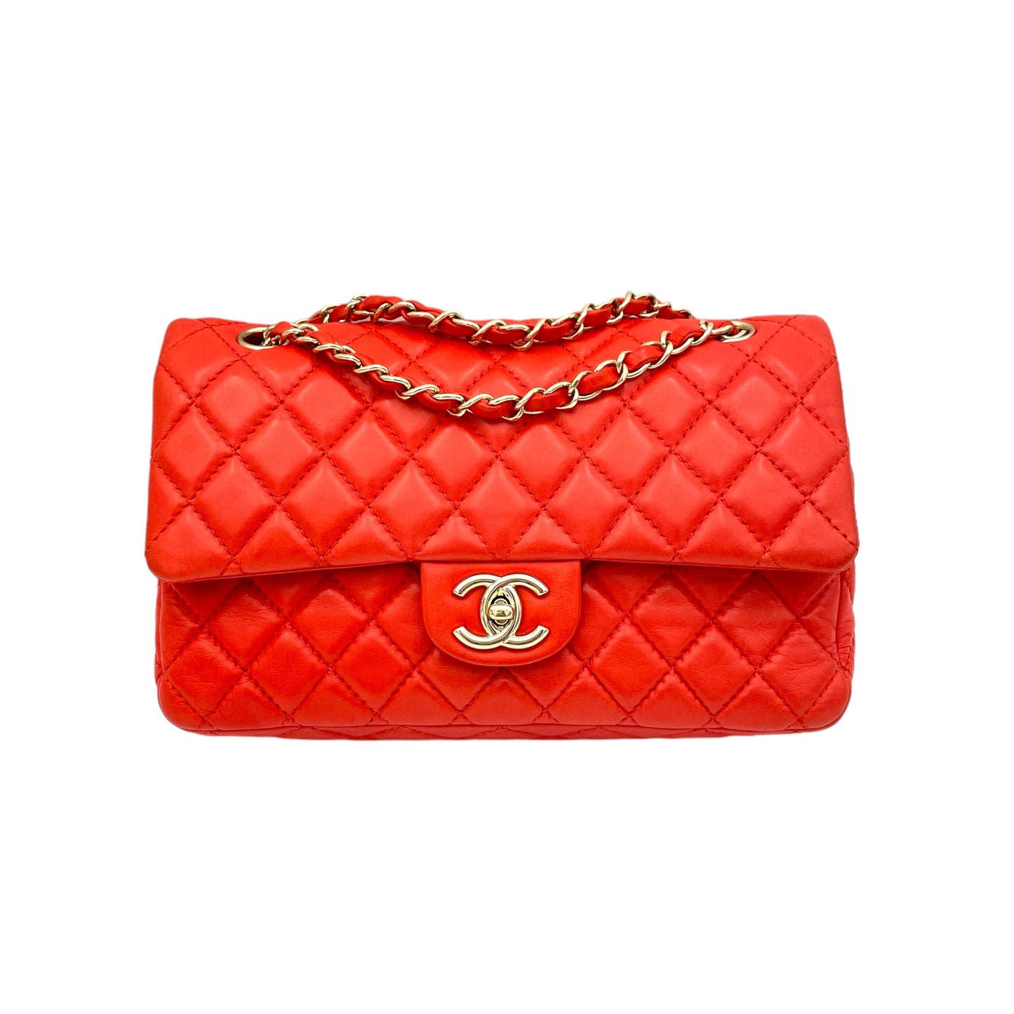 Classic Double Flap Medium Red Shoulder Bag in Lambskin, Light Gold hardware
