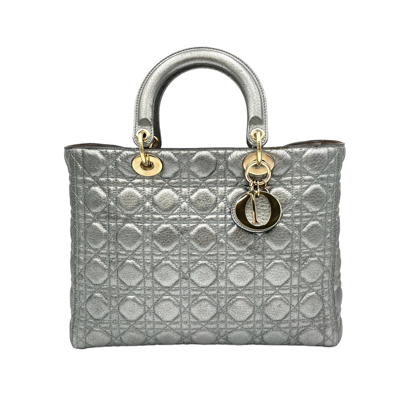 Lady Dior Large Silver Top Handle Bag in Calfskin, Gold hardware